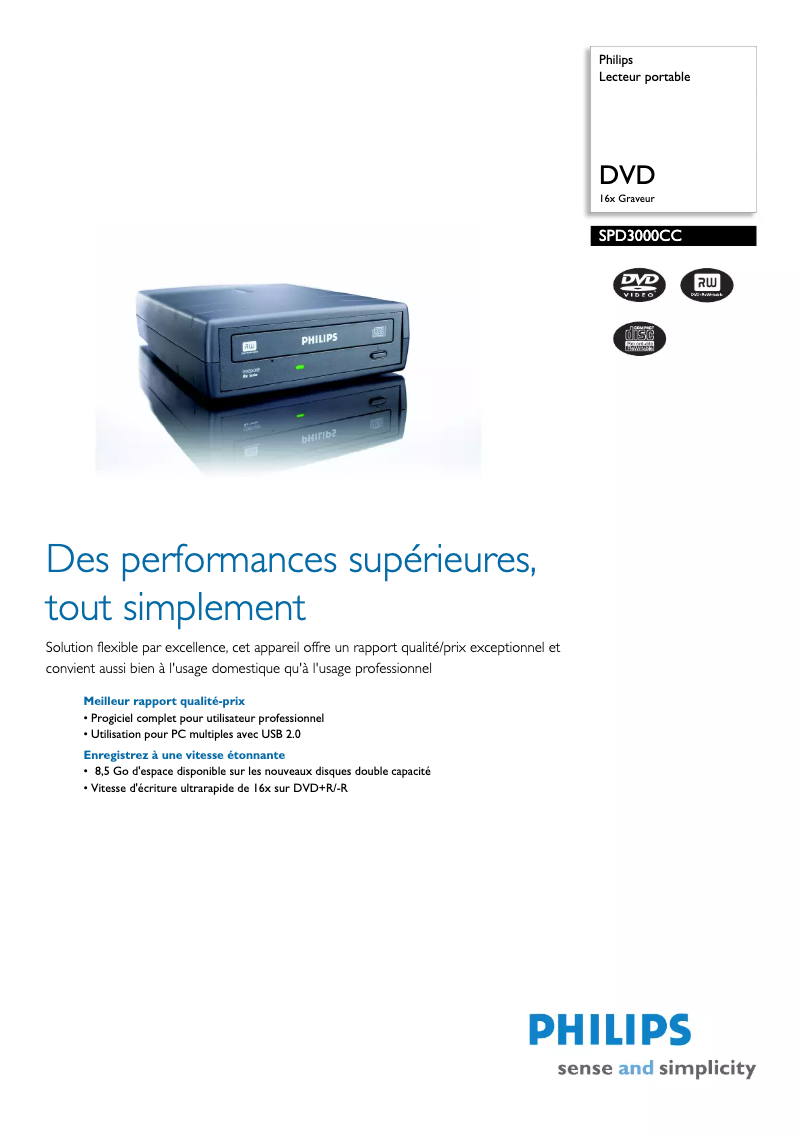 Page 1 de la notice Fiche technique Philips SPD3000CC