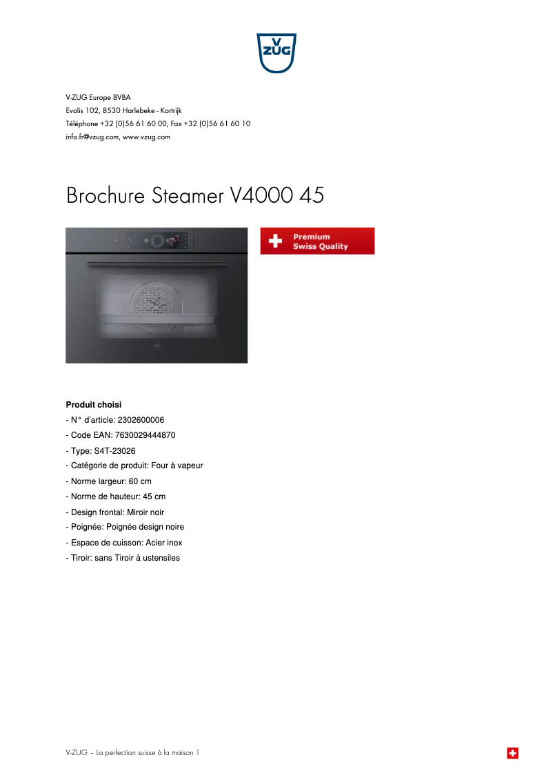 Page 1 de la notice Brochure V-Zug Steamer V4000 45