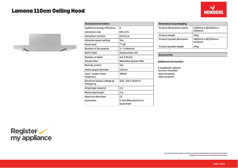 Page 1 de la notice Fiche technique Lamona LAM2950