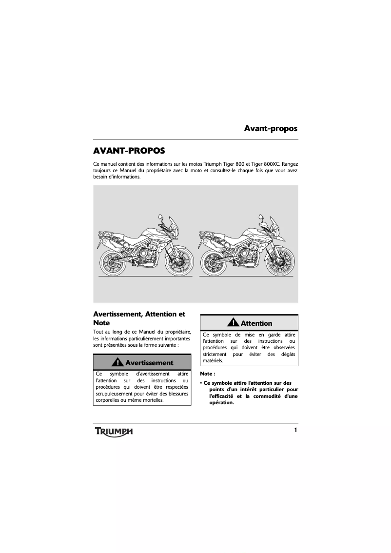 Page 1 de la notice Manuel utilisateur Triumph Tiger 800XC SE (2014)