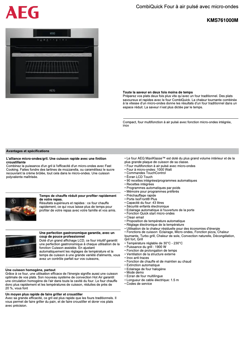Page 1 de la notice Fiche technique AEG KMS761000M