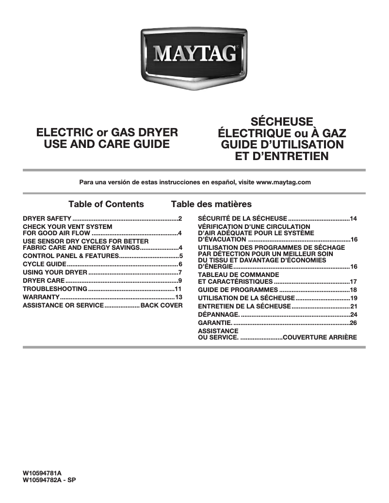 Page 1 de la notice Manuel utilisateur Maytag MEDX655DW Bravos