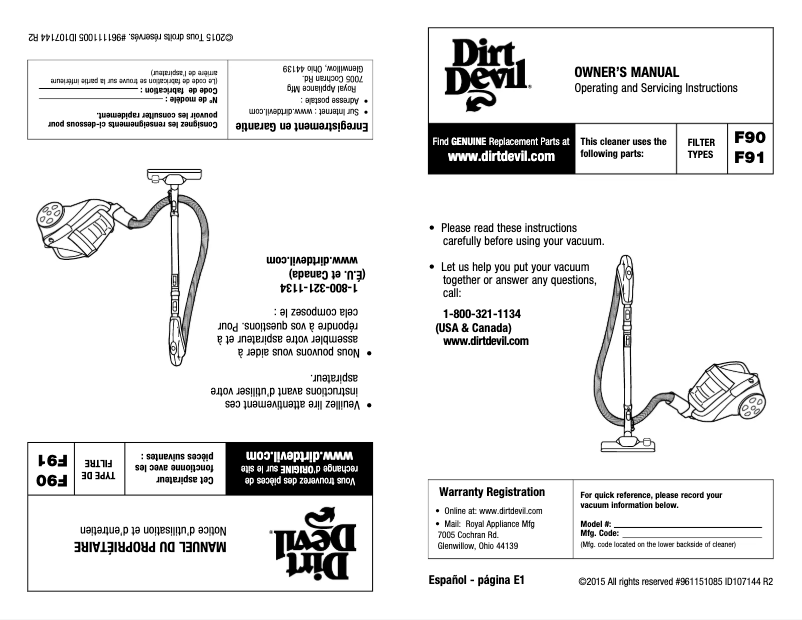 Page 1 de la notice Manuel utilisateur Dirt Devil Dash SD40055B