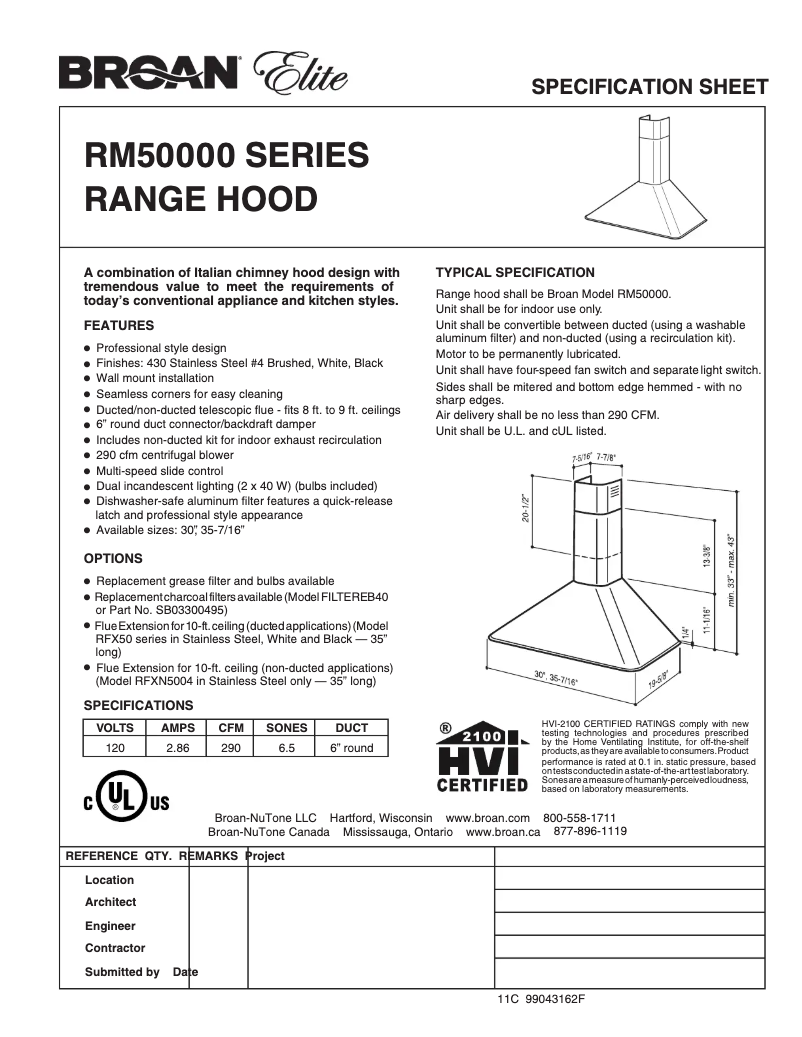 Page n°1 - Fiche technique Broan RM503023