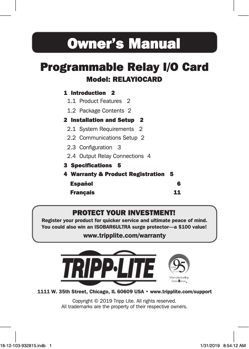 Page n°1 - Manuel utilisateur Tripp Lite RELAYIOCARD