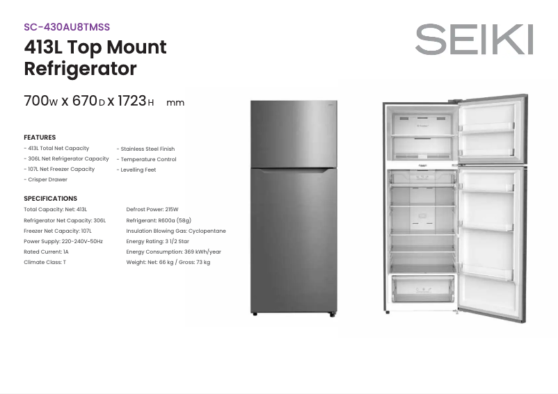 Page n°1 - Fiche technique Seiki SC-430AU8TMSS
