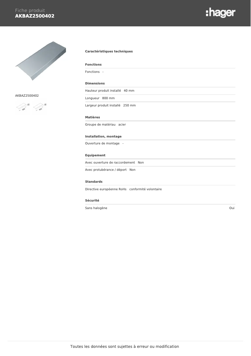 Page n°1 - Manuel utilisateur Hager AKBAZ2500402