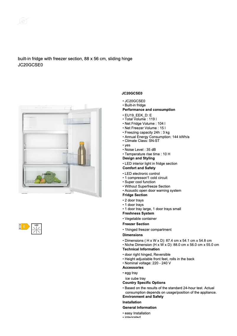 Page 1 de la notice Fiche technique Junker JC20GCSE0