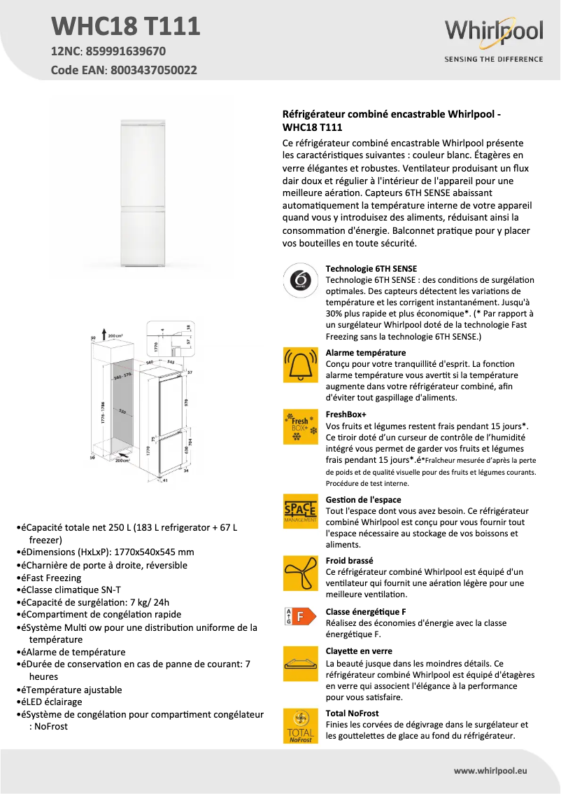 Page n°1 - Fiche technique Whirlpool WHC18 T111