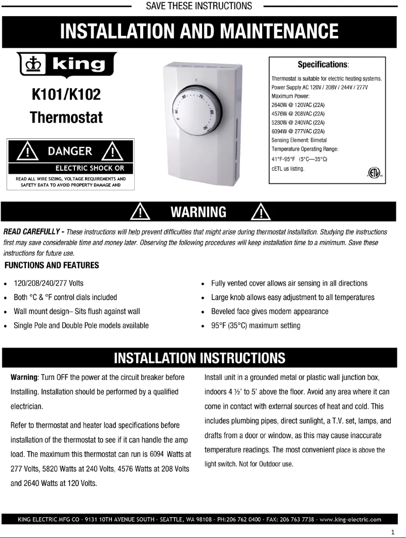 Page 1 de la notice Manuel utilisateur King K102