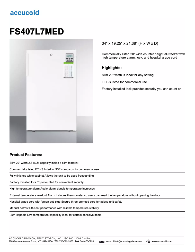 Page 1 de la notice Fiche technique Summit Accucold FS407L7MED