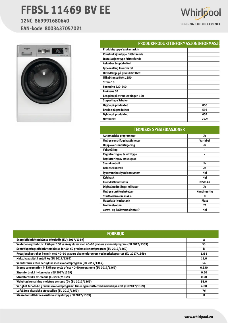 Page 1 de la notice Fiche technique Whirlpool FFBSL 11469 BV