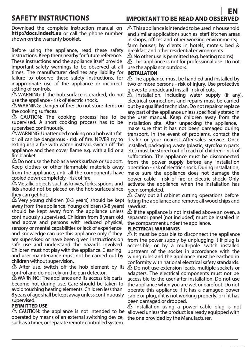 Page 1 de la notice Guide d'installation Indesit IS 19Q30 NE