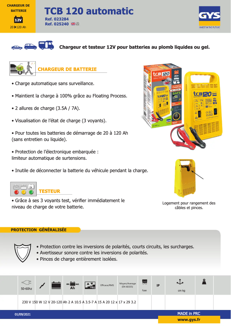 Page 1 de la notice Fiche technique GYS TCB 120 Automatic