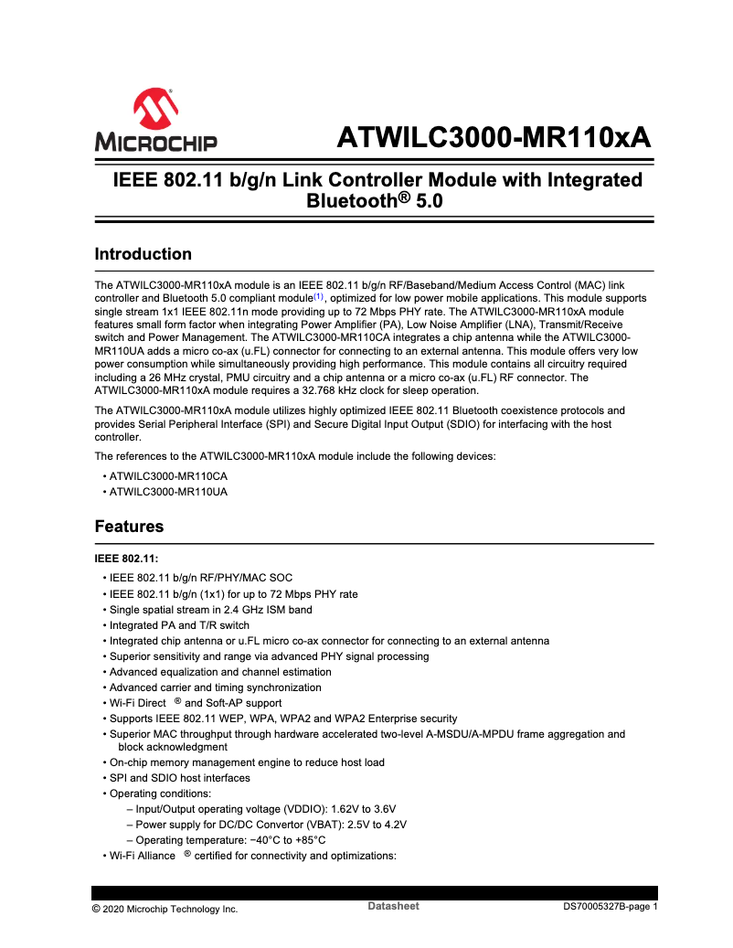 Página 1 del manual Ficha técnica Microchip ATWILC3000