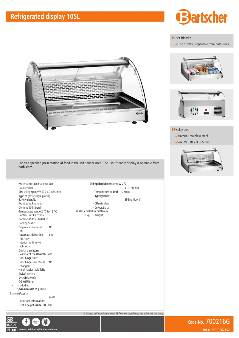 Page 1 de la notice Fiche technique Bartscher 700216G