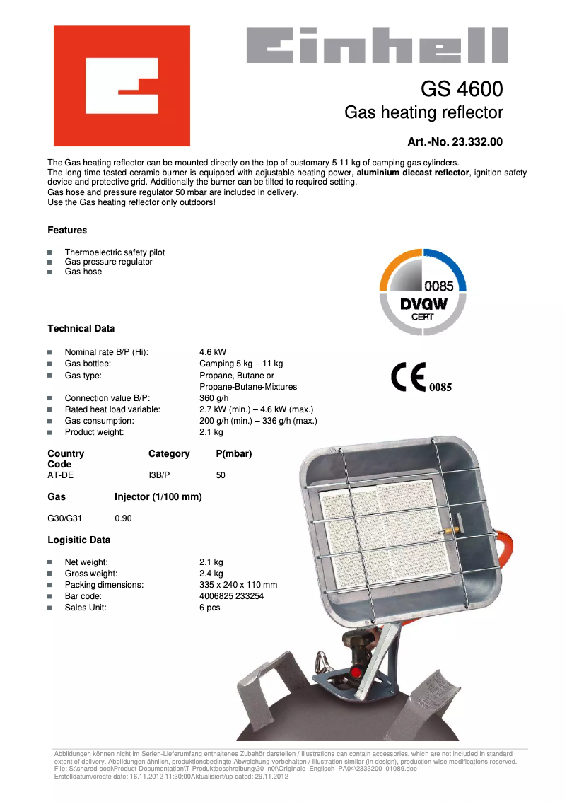 Page 1 de la notice Fiche technique Einhell GS 4600