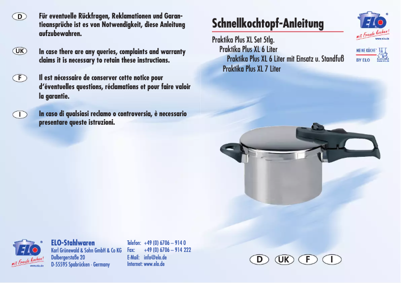 Page 1 de la notice Manuel utilisateur Elo Praktika Plus XL 7L