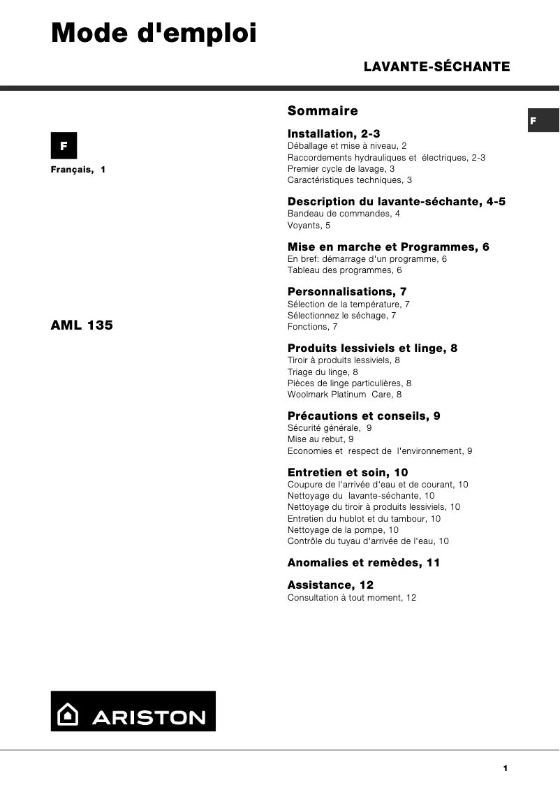 Page n°1 - Manuel utilisateur Ariston Thermo AML135