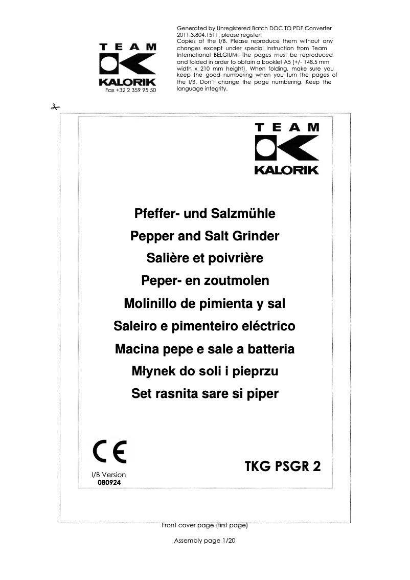 Page 1 de la notice Manuel utilisateur Kalorik TKG PSGR 2