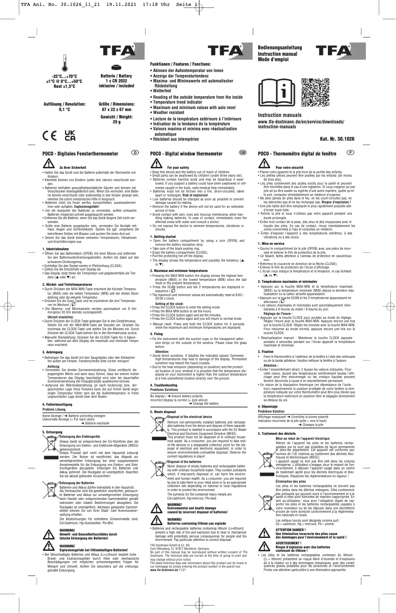 Page 1 de la notice Manuel utilisateur TFA Poco 30.1026