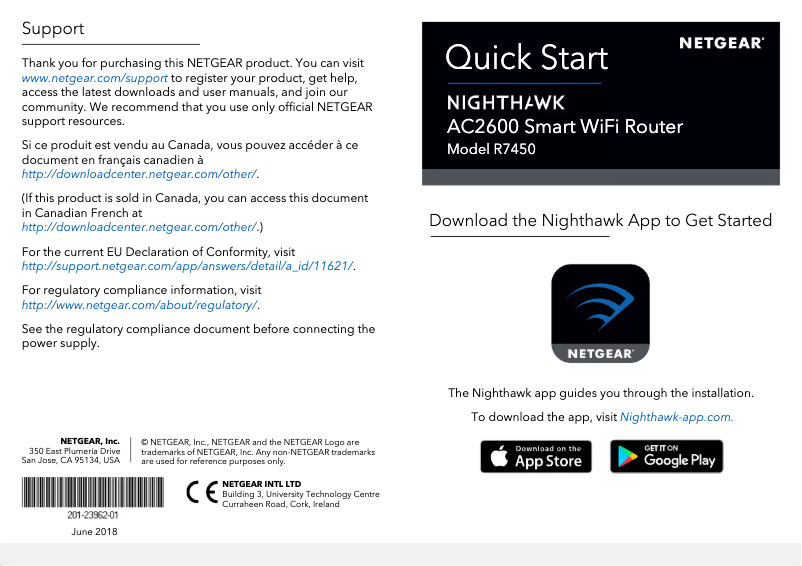 Page 1 de la notice Guide d'installation Netgear Nighthawk R7450
