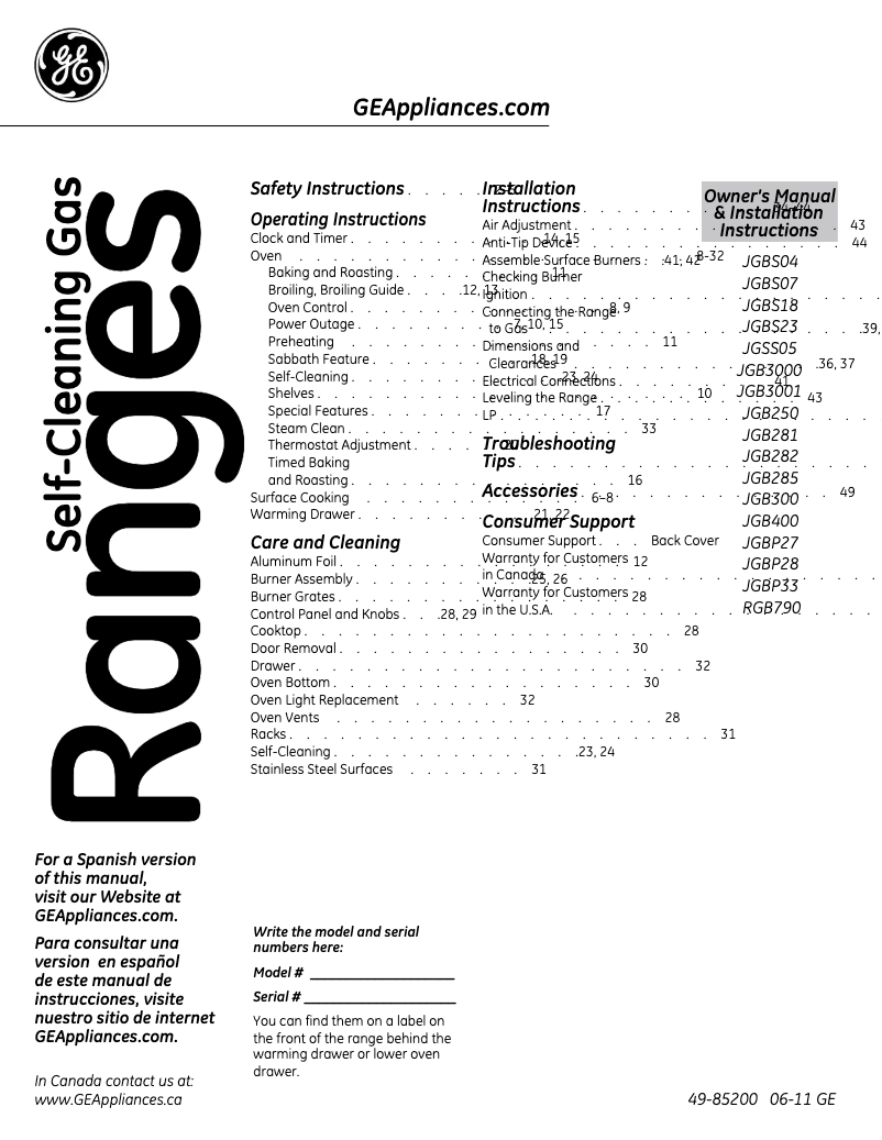 Page n°1 - Guide d'installation GE JGBS23DETCC