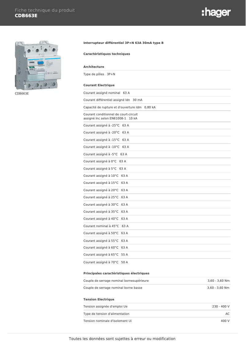 Page 1 de la notice Fiche technique Hager CDB663E