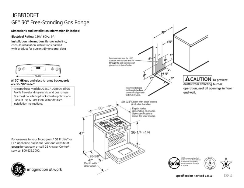 Page 1 of the manual Technical Sheet GE JGB810DETWW