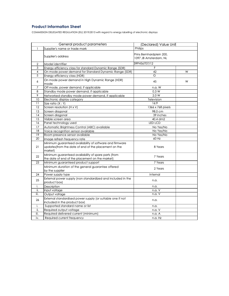 Page 1 de la notice Fiche technique Philips 39PHS6707