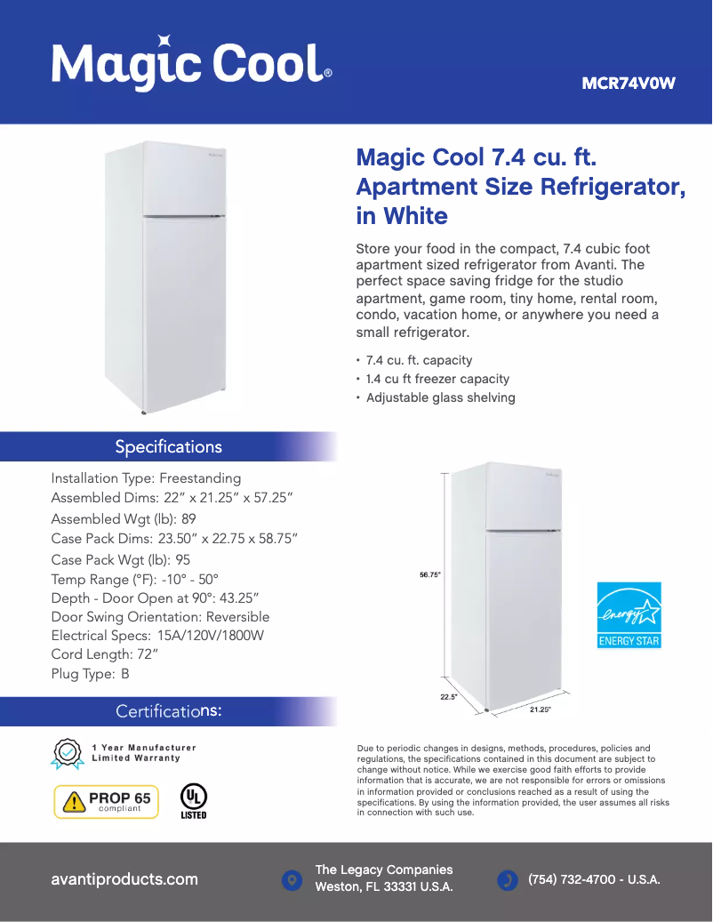 Page 1 de la notice Fiche technique Magic Cool MCR74V0W