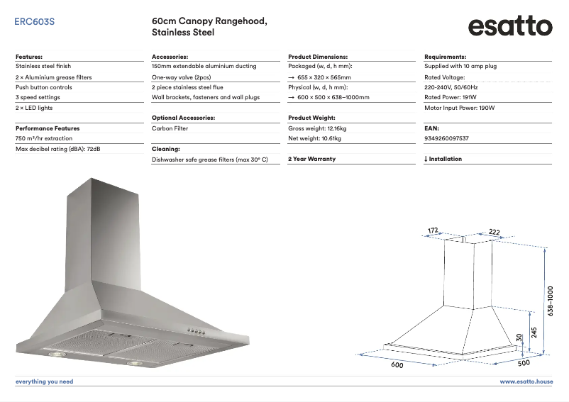 Page 1 de la notice Fiche technique Esatto ERC603S