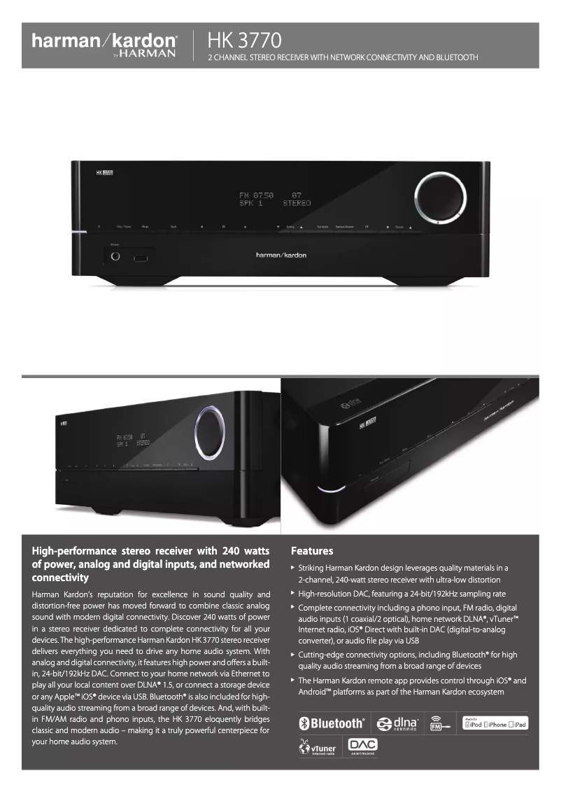 Page 1 de la notice Fiche technique Harman Kardon HK 3770