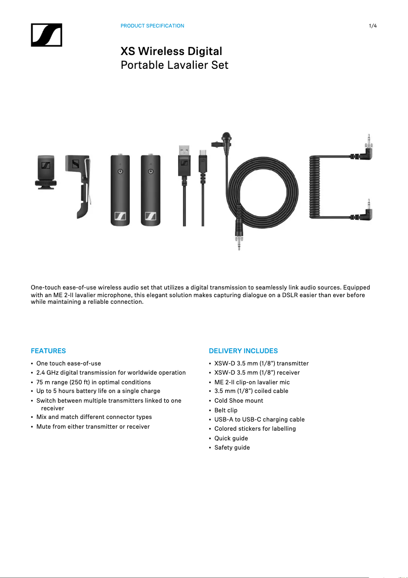 Page 1 de la notice Fiche technique Sennheiser XSW-D Mobile Cable
