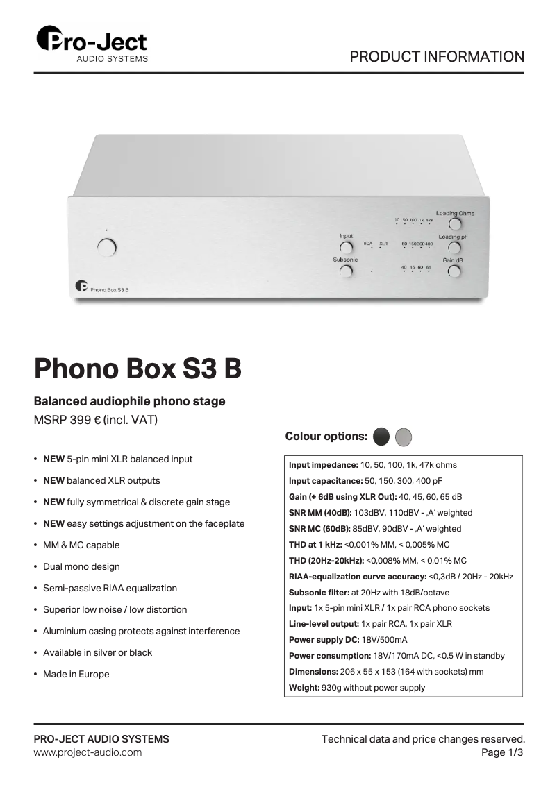 Page 1 de la notice Fiche technique Pro-Ject Phono Box S3 B