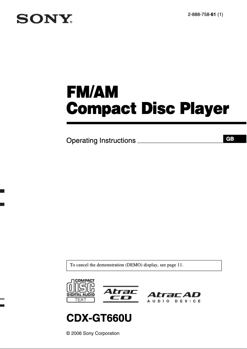 Page 1 de la notice Manuel utilisateur Sony CDX-GT660U