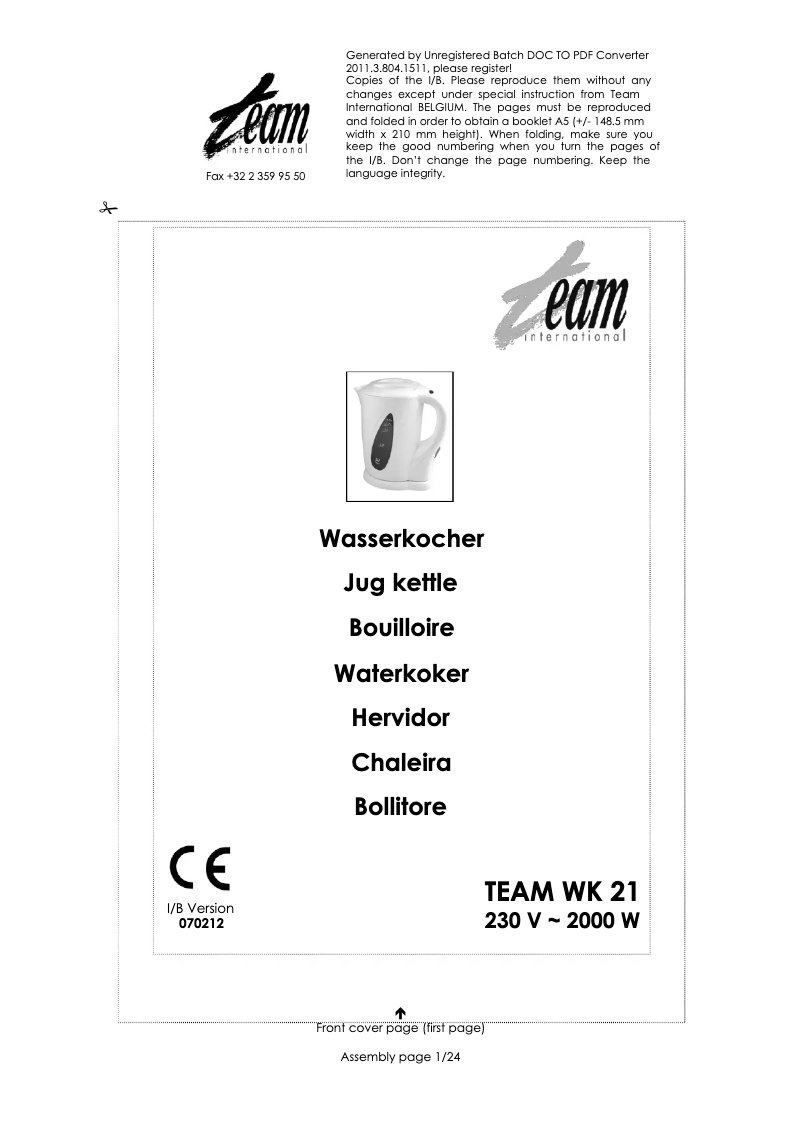 Page 1 de la notice Manuel utilisateur Team WK 21