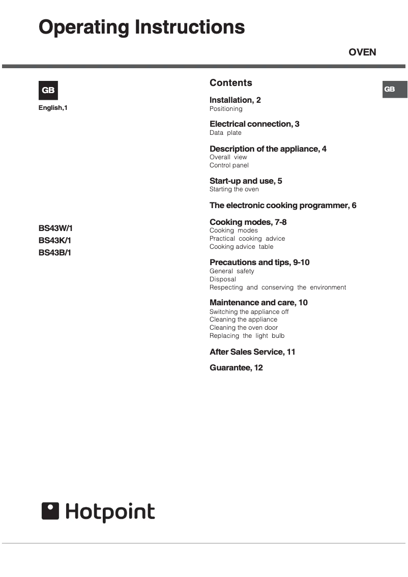 Page 1 de la notice Manuel utilisateur Hotpoint BS43B