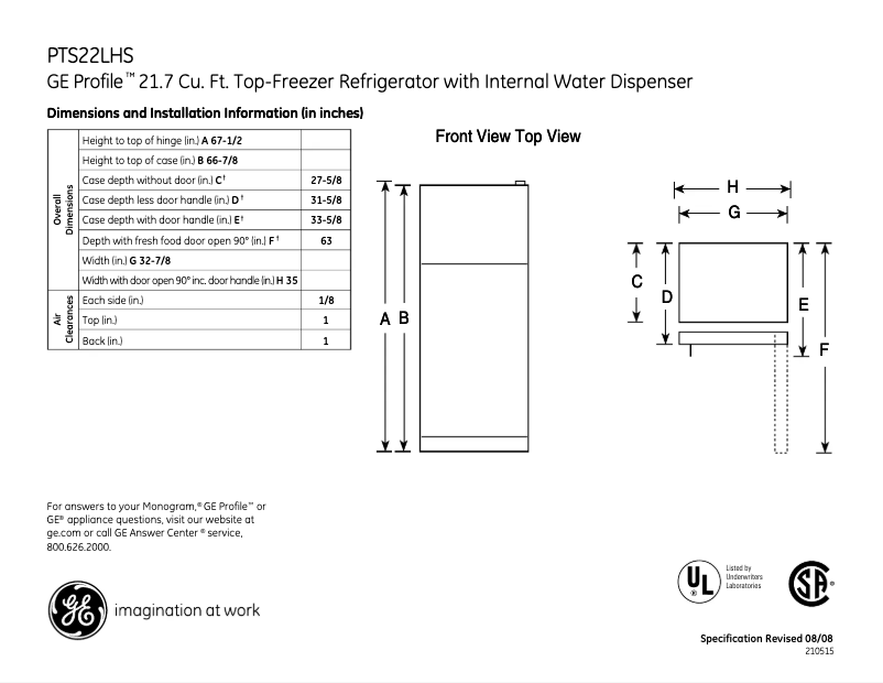 Página 1 del manual Ficha técnica GE PTS22LHSWW