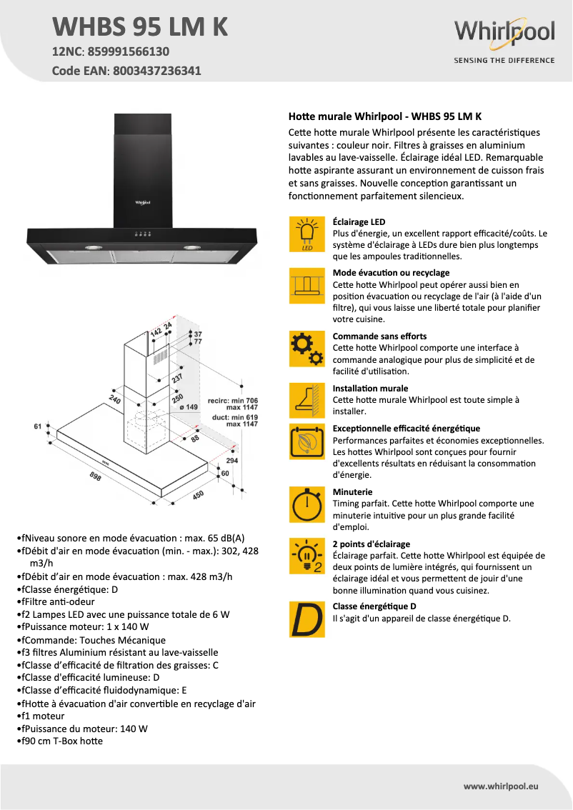 Page 1 de la notice Fiche technique Whirlpool WHBS 95 LM K