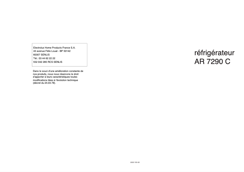 Page 1 de la notice Manuel utilisateur Arthur Martin-Electrolux AR7290C