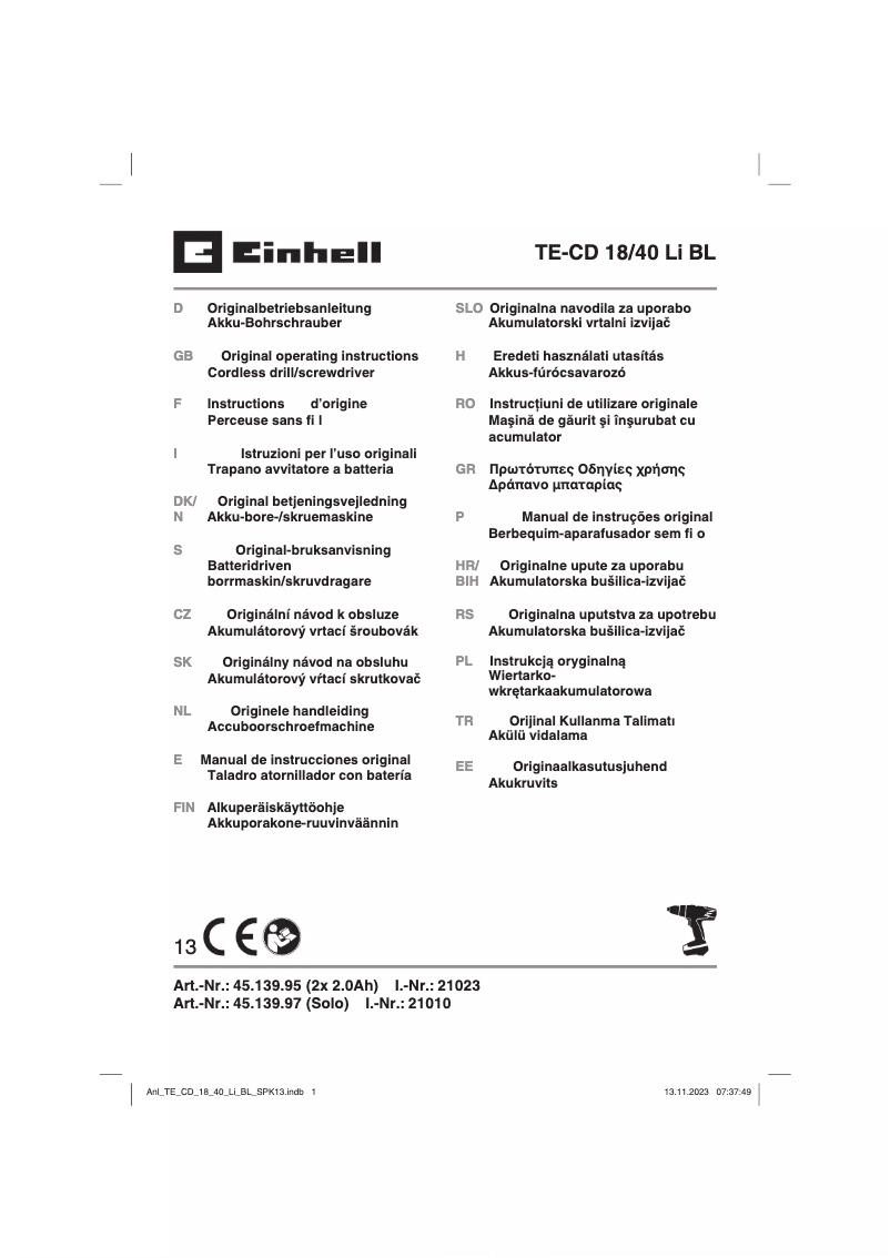 Página 1 del manual Manual de usuario Einhell TE-CD 18/40 Li BL