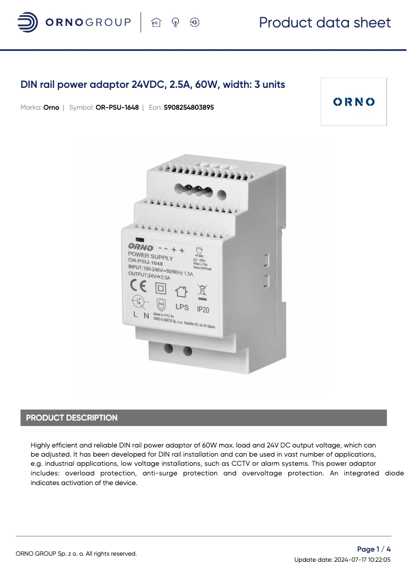 Page 1 de la notice Fiche technique ORNO OR-PSU-1648