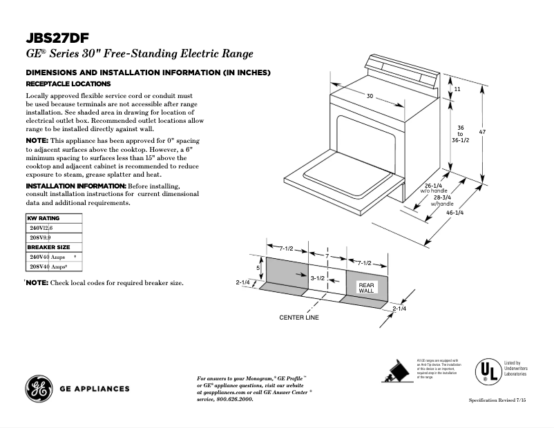 Page n°1 - Fiche technique GE JBS27DFWW