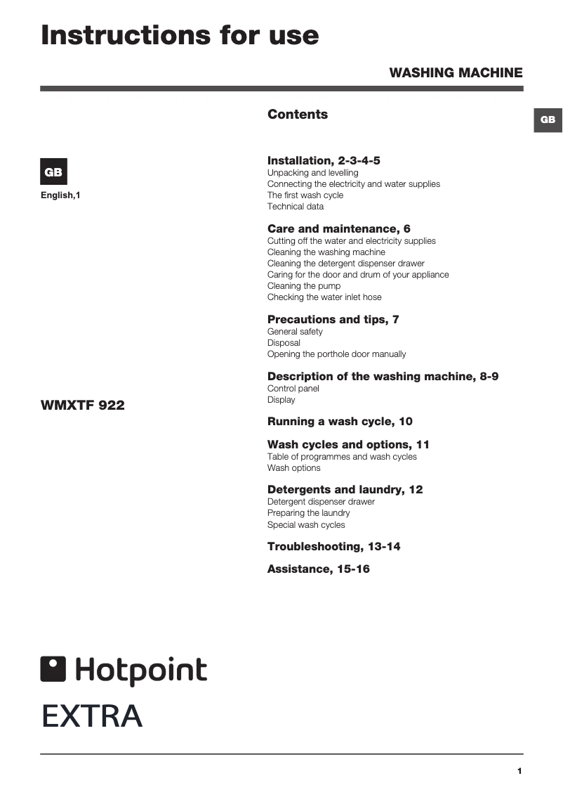 Page 1 of the manual User Manual Hotpoint WMXTF 922 Extra