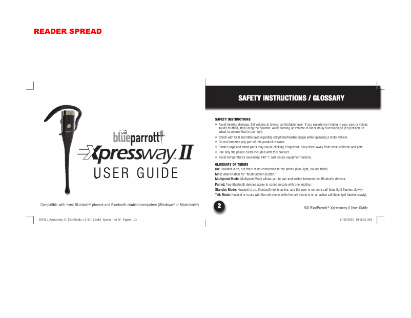 Page 1 de la notice Manuel utilisateur VXi BlueParrott Xpressway II