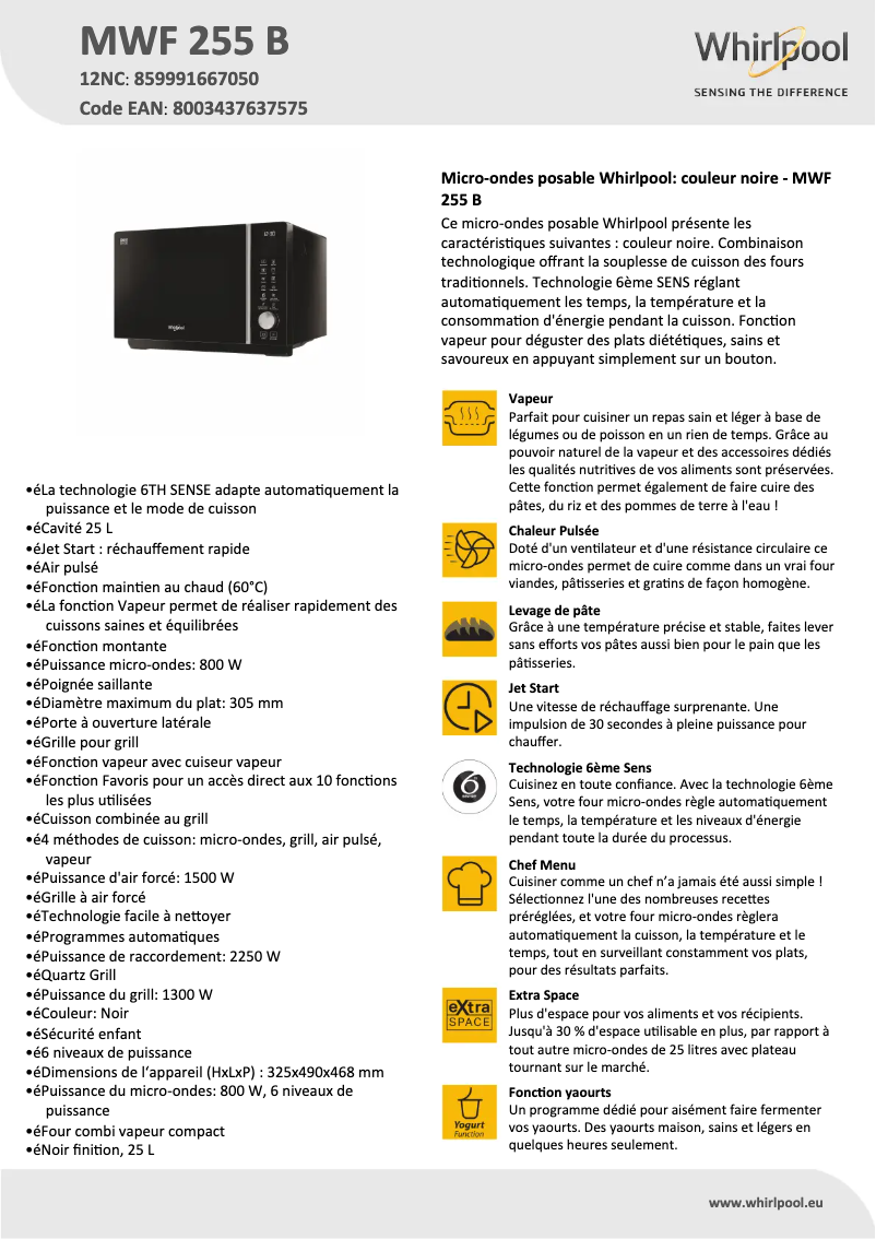 Page 1 de la notice Fiche technique Whirlpool MWF 255