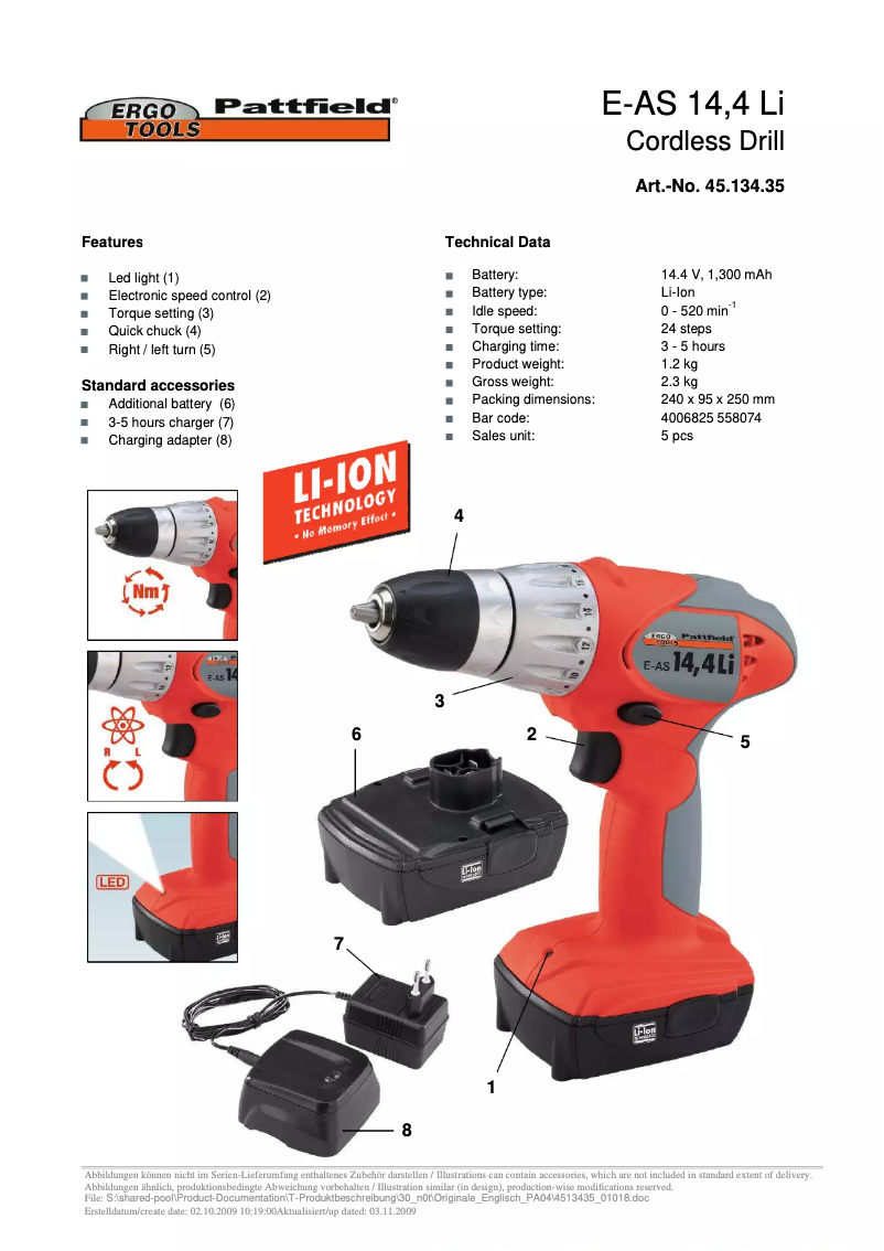 Page 1 de la notice Manuel utilisateur Ergotools Pattfield E-AS 14,4 Li
