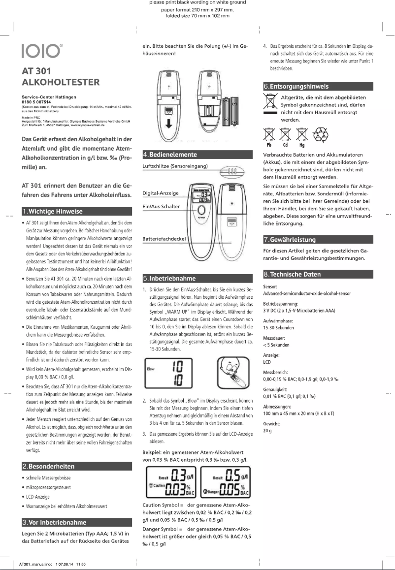 Page 1 de la notice Manuel utilisateur Olympia AT 301