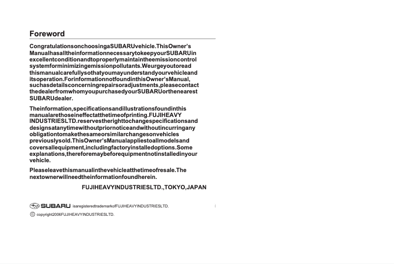 Image de la première page du manuel de l'appareil Impreza (2007)